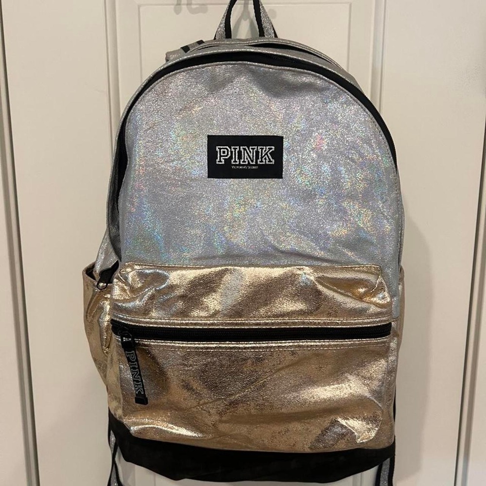Victorias Secret PINK Campus Backpack Silver Gold MetallicLarge Bookbag RARE - Picture 2 of 8